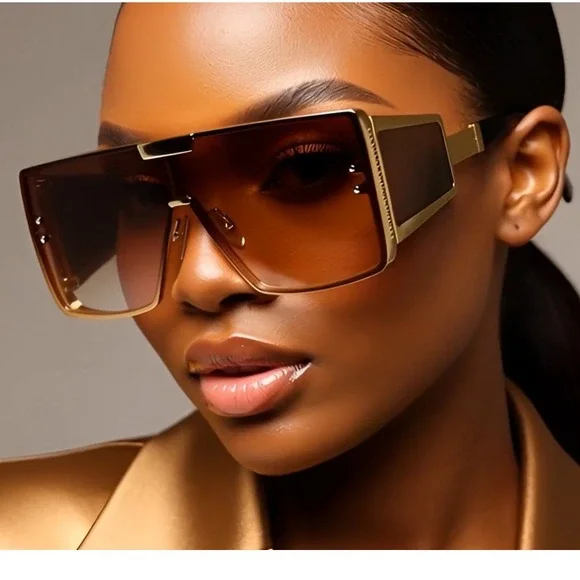 Shield Sunglasses Futuristic Visor Gold Frame Brown Lens Fashion Luxury Model - Picture 5 of 12
